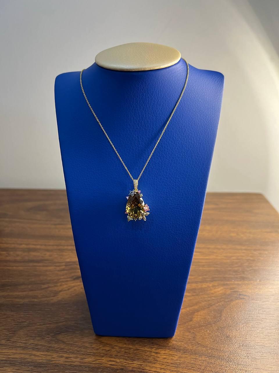 Dark Orange Citrine Tear Drop Shape Diamond Gemstone 14K Gold Pendant Necklace