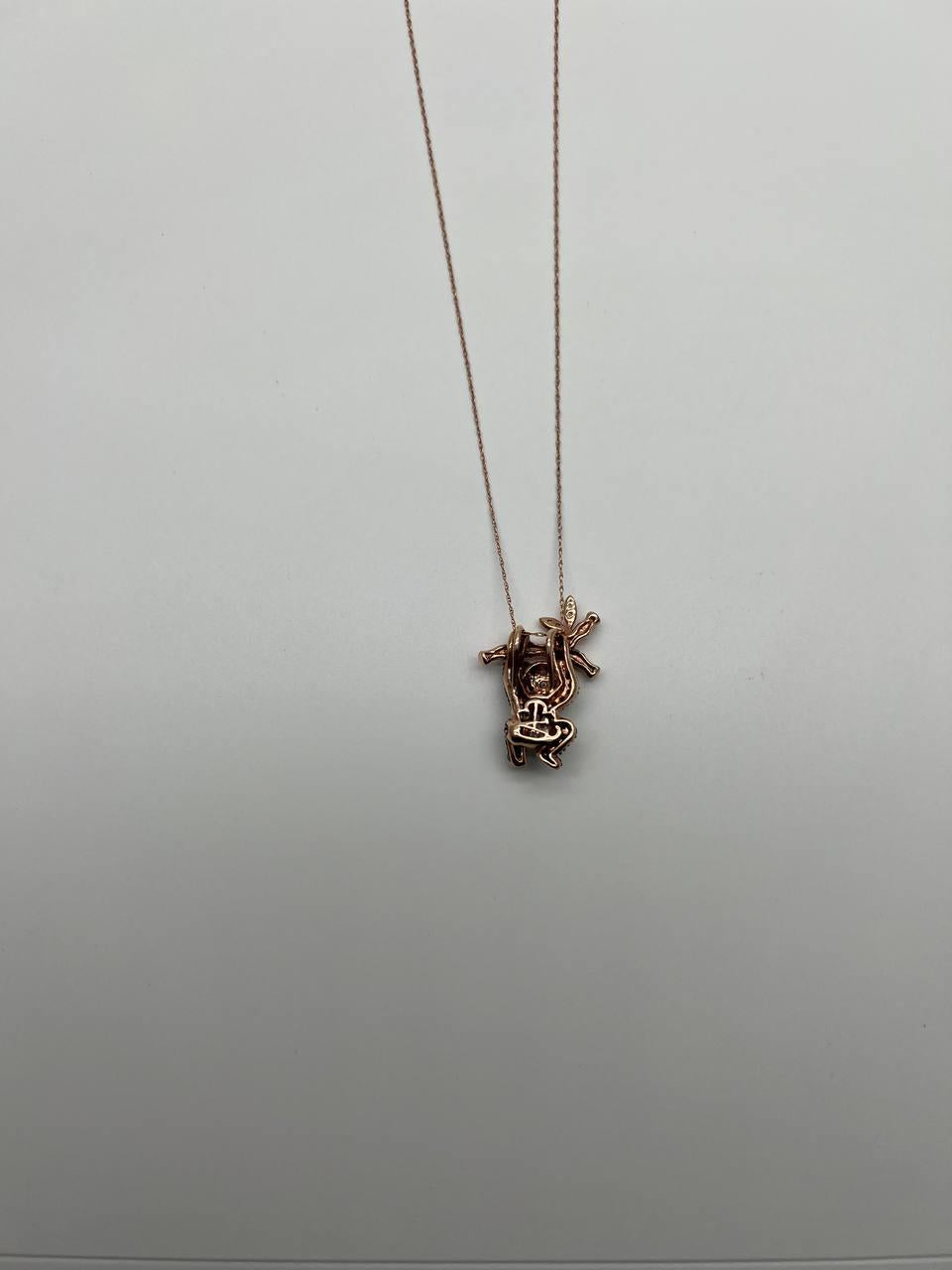 Panda Bear Bamboo Tree Leaf White Black Diamonds Pave 14K Gold Pendant Necklace