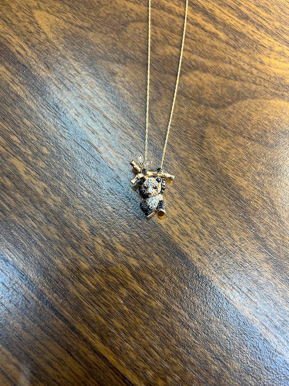 Panda Bear Bamboo Tree Leaf White Black Diamonds Pave 14K Gold Pendant Necklace