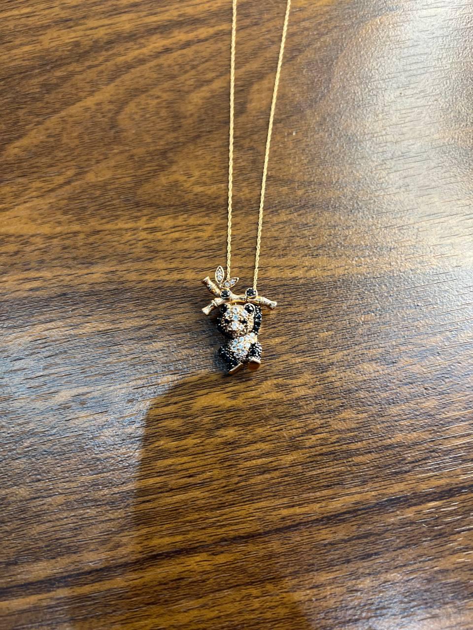 Panda Bear Bamboo Tree Leaf White Black Diamonds Pave 14K Gold Pendant Necklace