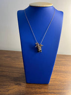Panda Bear Bamboo Tree Leaf White Black Diamonds Pave 14K Gold Pendant Necklace