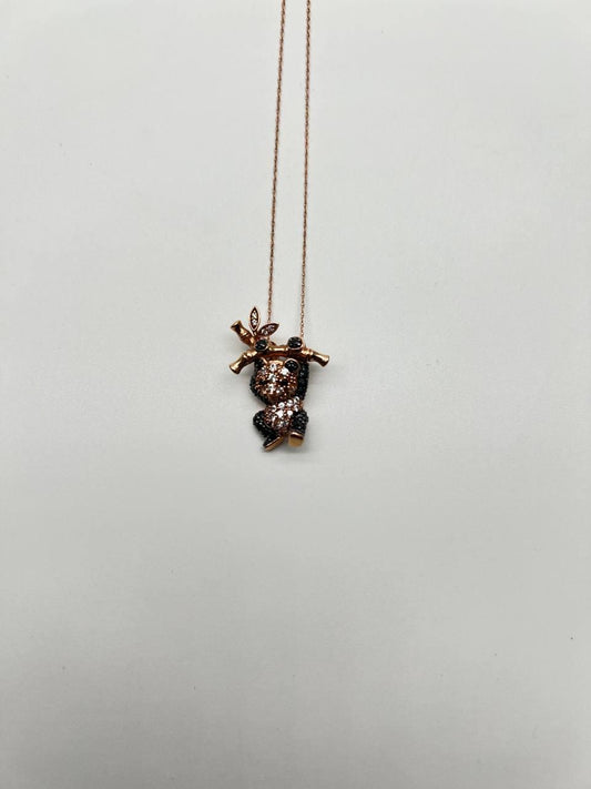 Panda Bear Bamboo Tree Leaf White Black Diamonds Pave 14K Gold Pendant Necklace