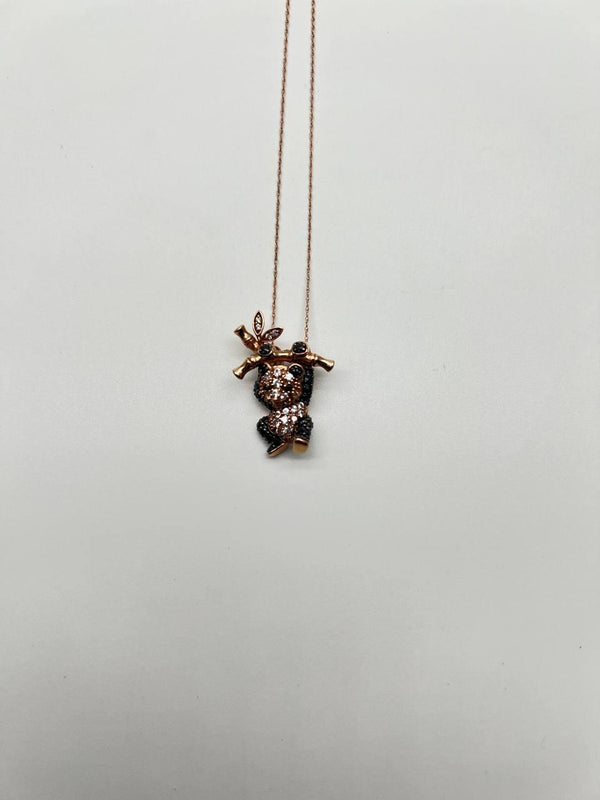 Panda Bear Bamboo Tree Leaf White Black Diamonds Pave 14K Gold Pendant Necklace