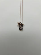 Panda Bear Bamboo Tree Leaf White Black Diamonds Pave 14K Gold Pendant Necklace