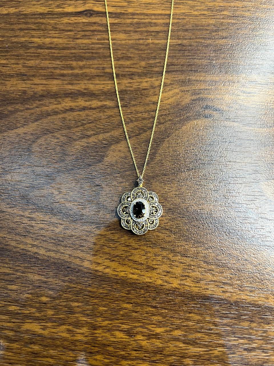 Onyx Champagne Brown Cognac Diamond Halo Floral Petal 14K Gold Pendant Necklace