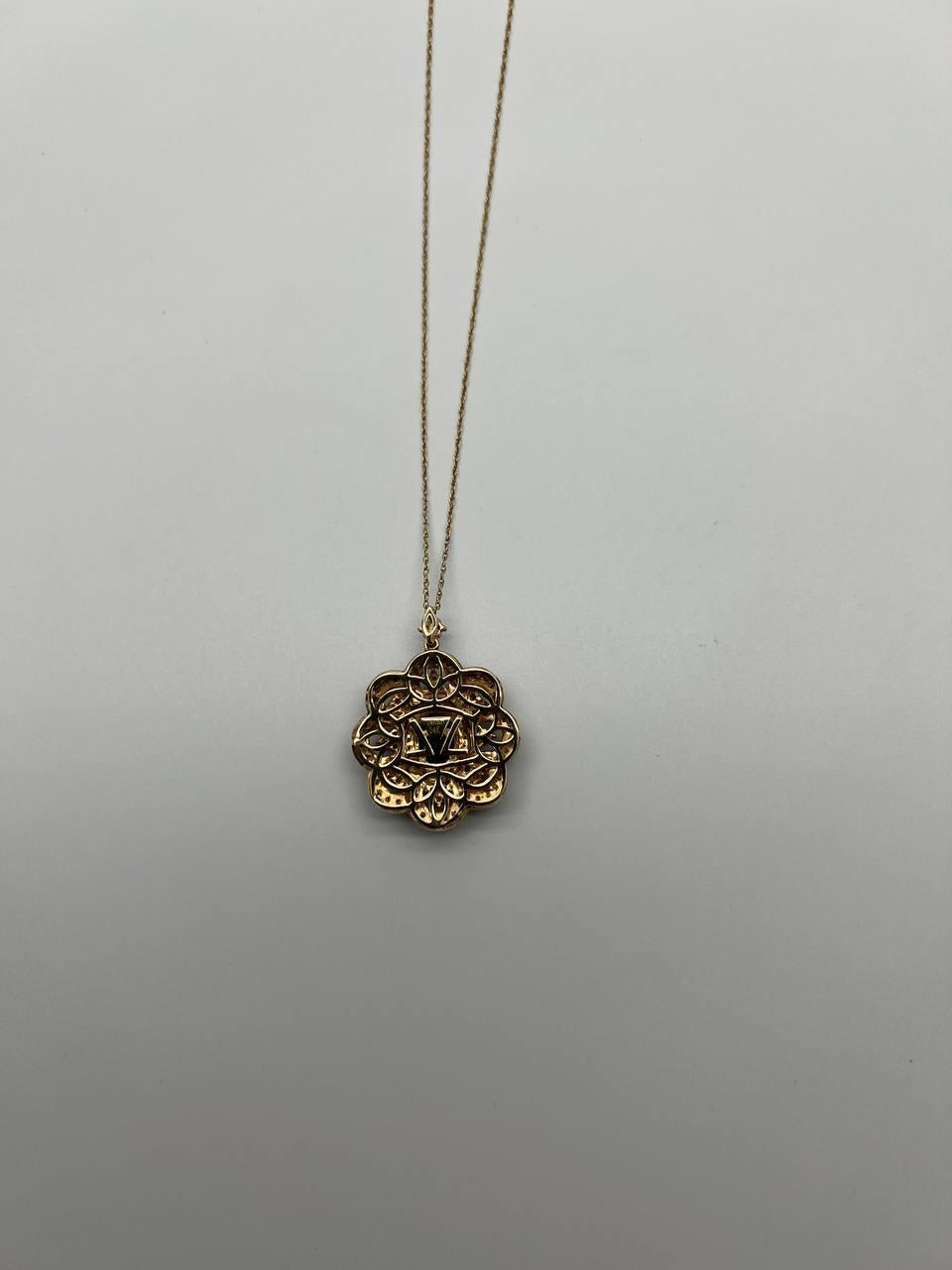 Onyx Champagne Brown Cognac Diamond Halo Floral Petal 14K Gold Pendant Necklace