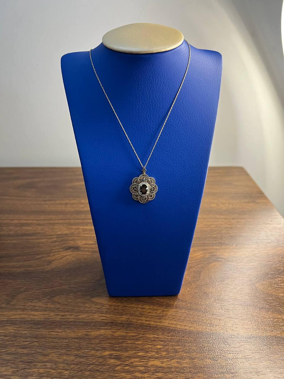 Onyx Champagne Brown Cognac Diamond Halo Floral Petal 14K Gold Pendant Necklace