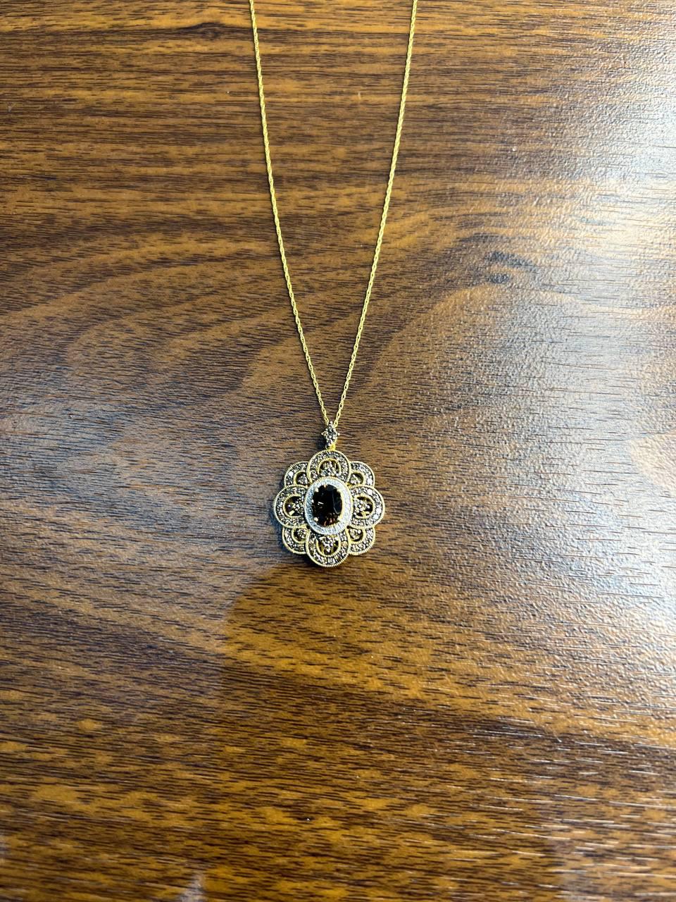 Onyx Champagne Brown Cognac Diamond Halo Floral Petal 14K Gold Pendant Necklace