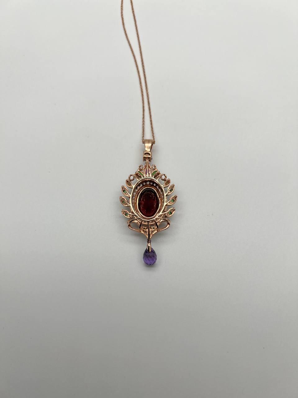 Dark Red Garnet Green Tsavorite Purple Amethyst Gold Diamonds Pendant Necklace