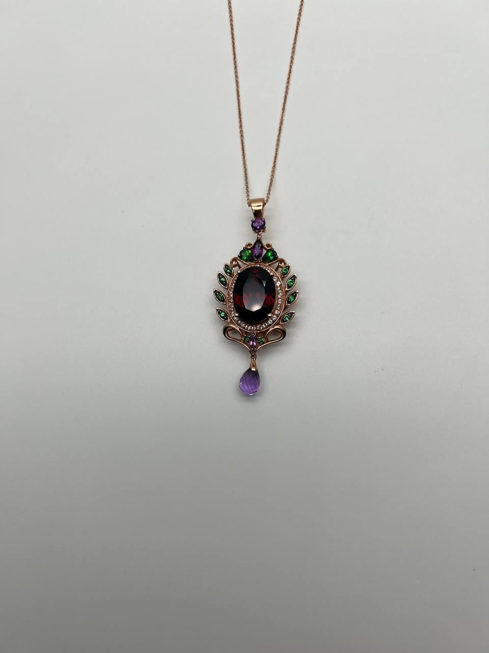 Dark Red Garnet Green Tsavorite Purple Amethyst Gold Diamonds Pendant Necklace