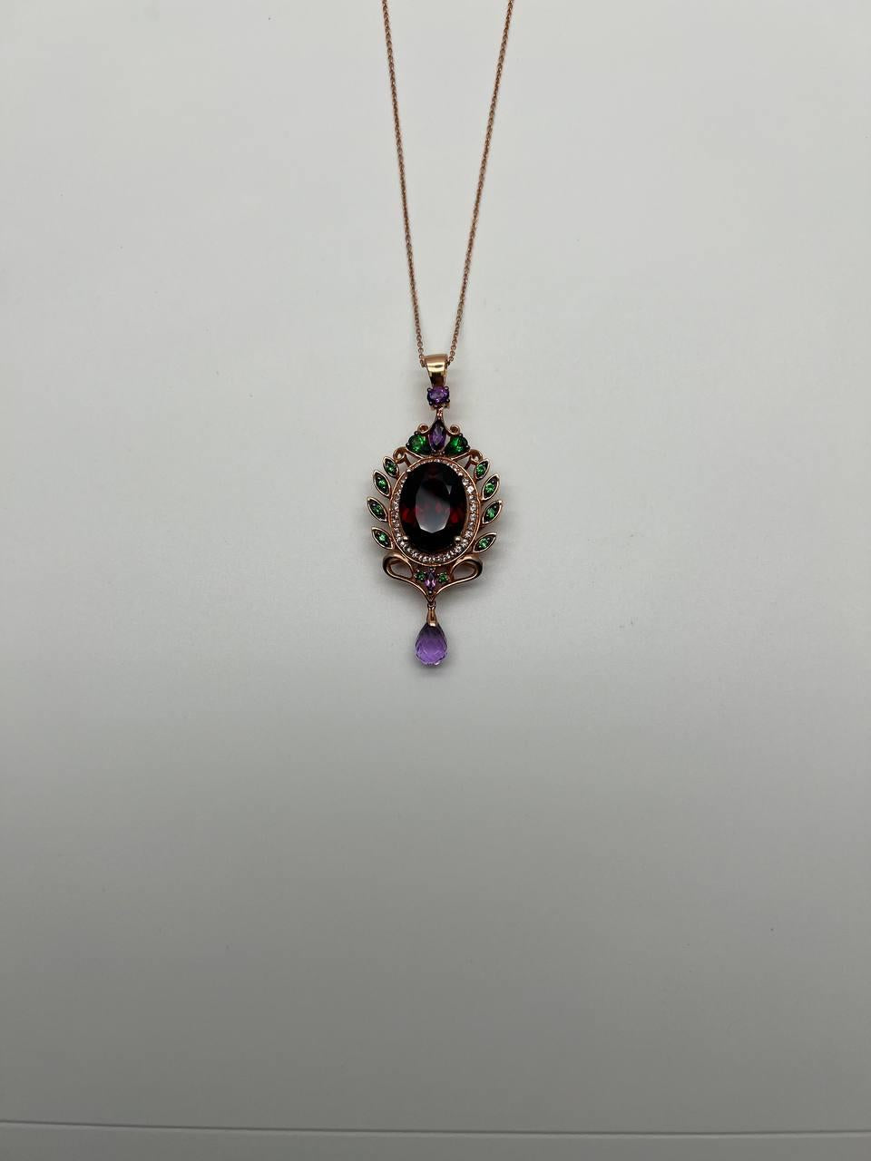 Dark Red Garnet Green Tsavorite Purple Amethyst Gold Diamonds Pendant Necklace