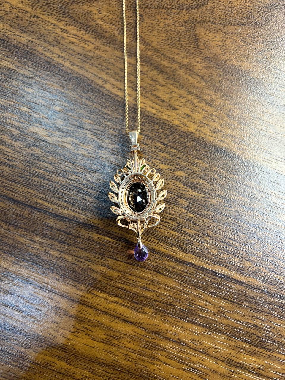 Dark Red Garnet Green Tsavorite Purple Amethyst Gold Diamonds Pendant Necklace