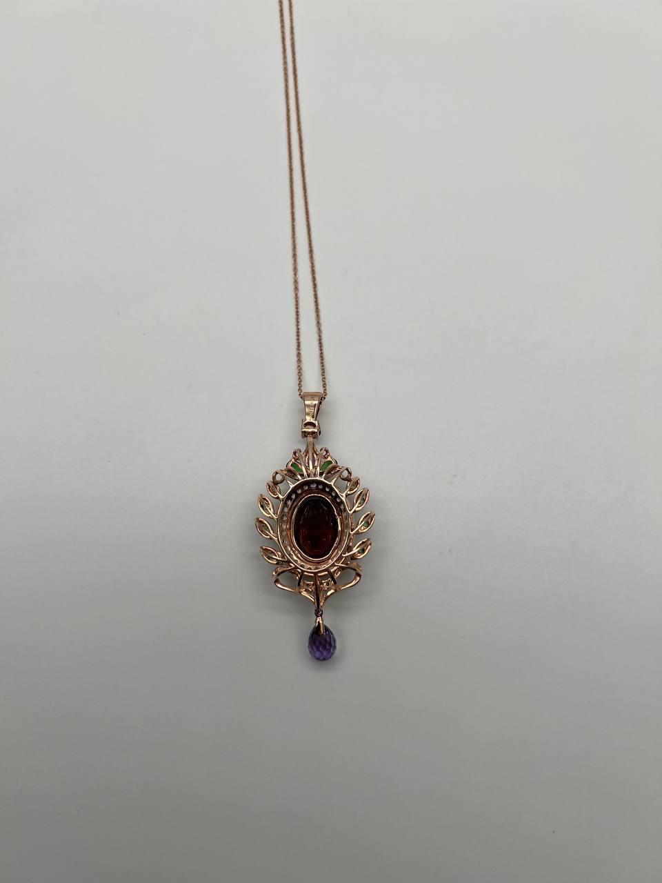 Dark Red Garnet Green Tsavorite Purple Amethyst Gold Diamonds Pendant Necklace