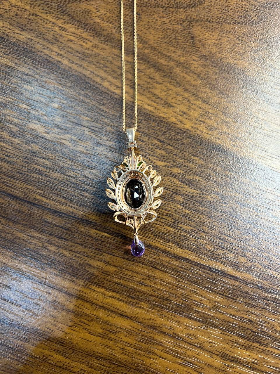 Dark Red Garnet Green Tsavorite Purple Amethyst Gold Diamonds Pendant Necklace