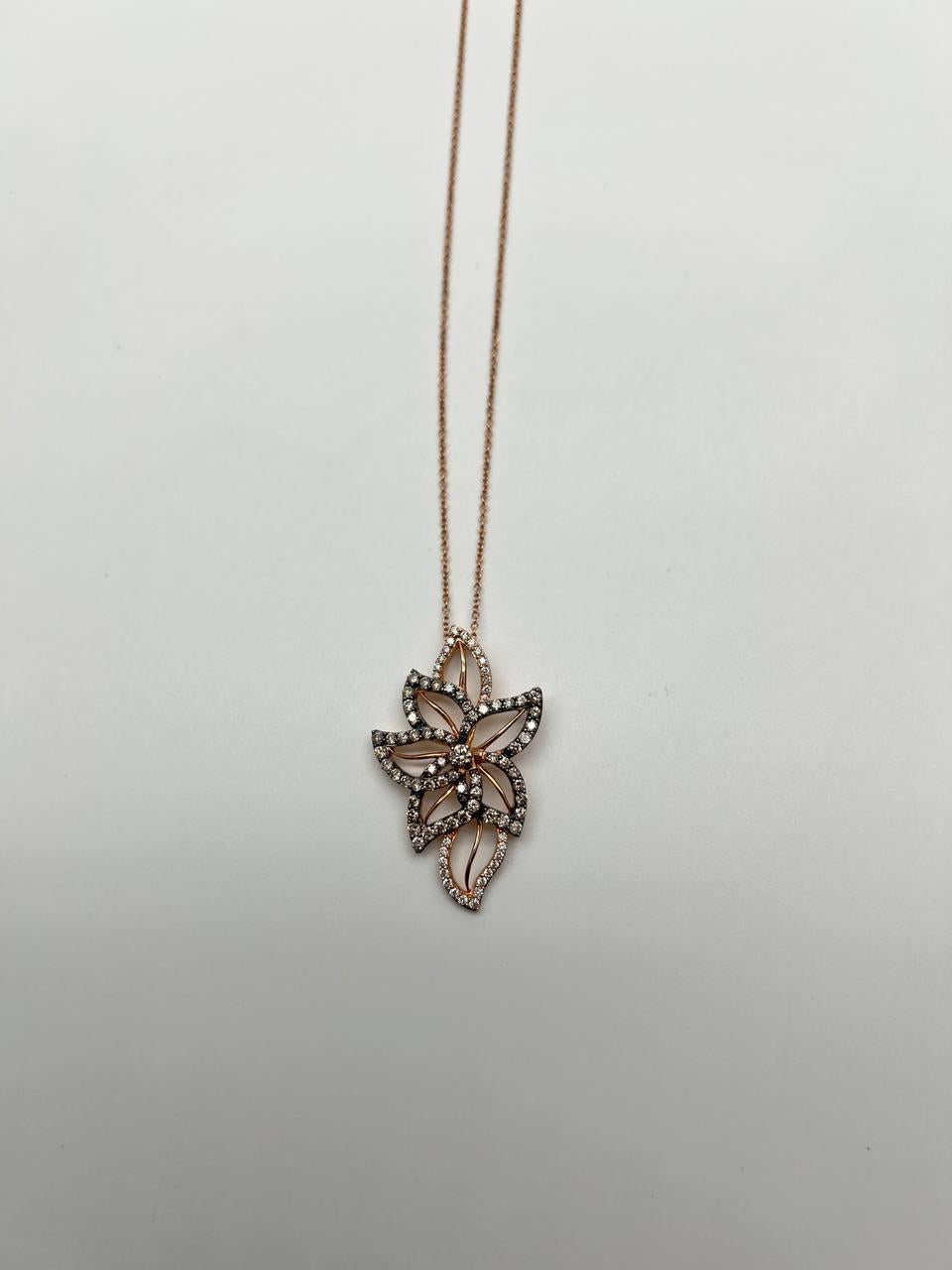 Gold Floral Leaf White Champagne Diamond Statement 14K Gold Pendant Necklace