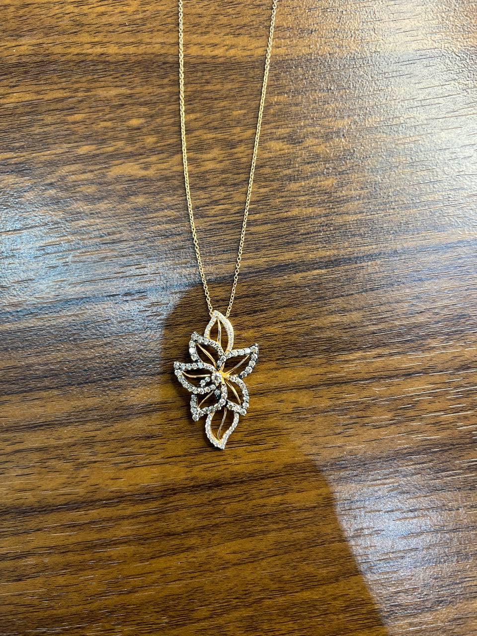 Gold Floral Leaf White Champagne Diamond Statement 14K Gold Pendant Necklace