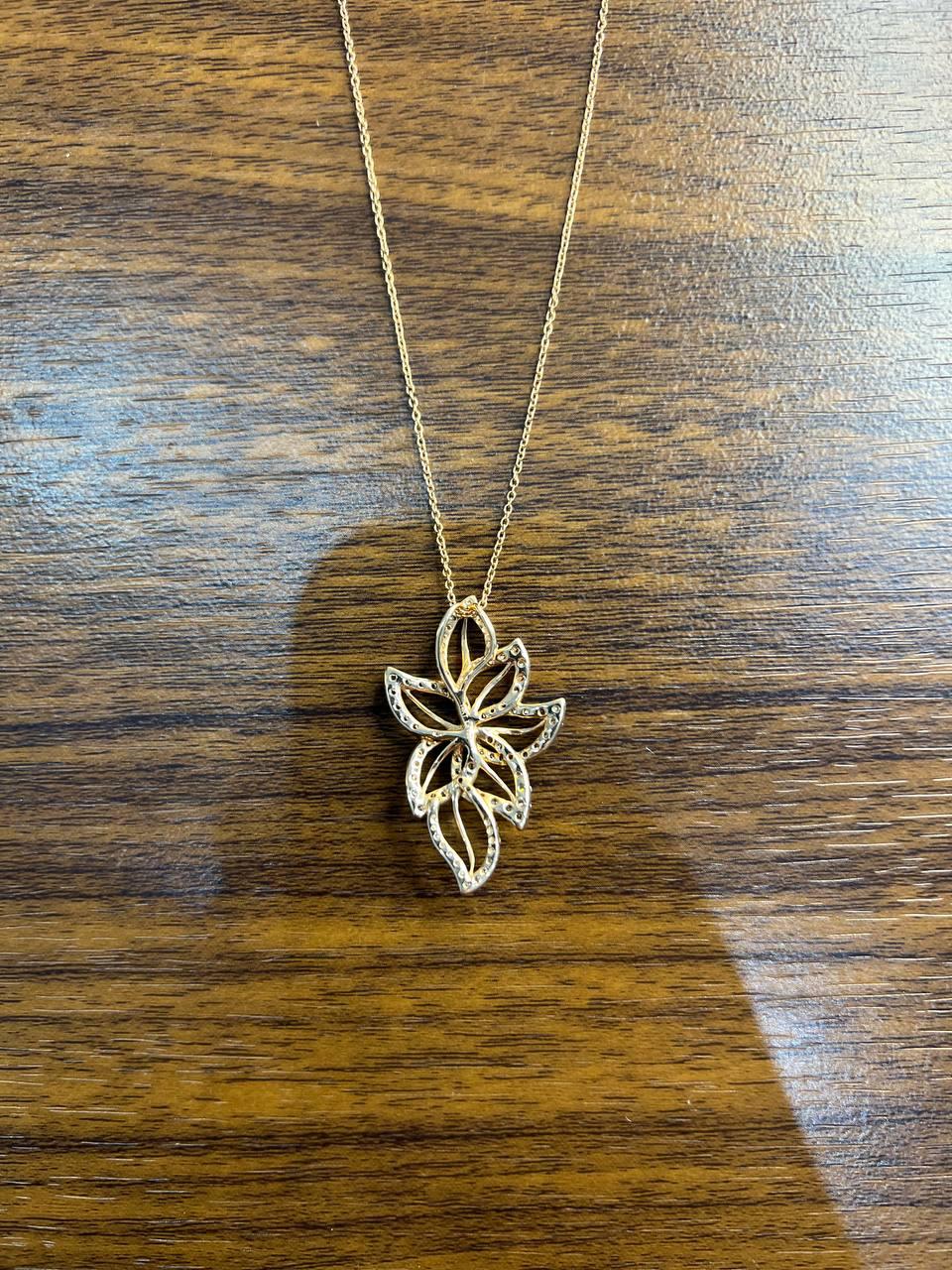 Gold Floral Leaf White Champagne Diamond Statement 14K Gold Pendant Necklace