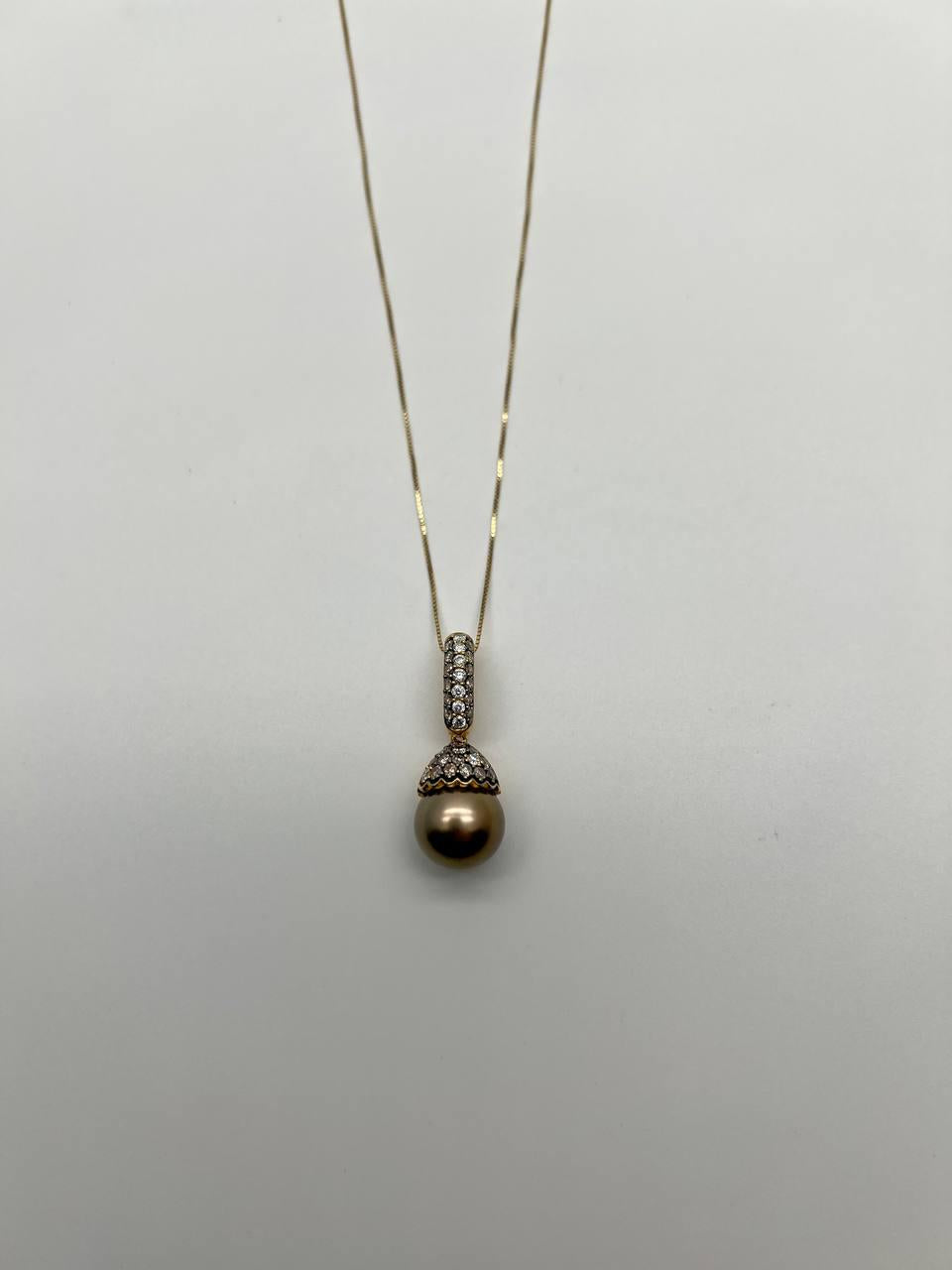 Dark Black Brown Pearl Champagne Cognac Diamond Pave 14K Gold Pendant Necklace
