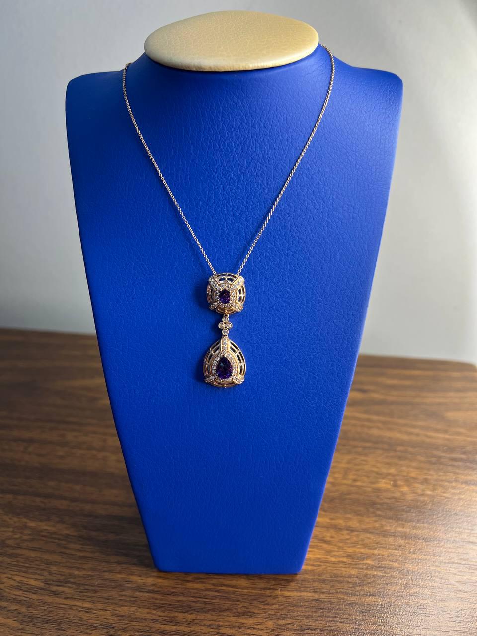 Fancy Violet Amethyst Diamond Halo 14K Rose Gold Fancy Drop Pendant Necklace