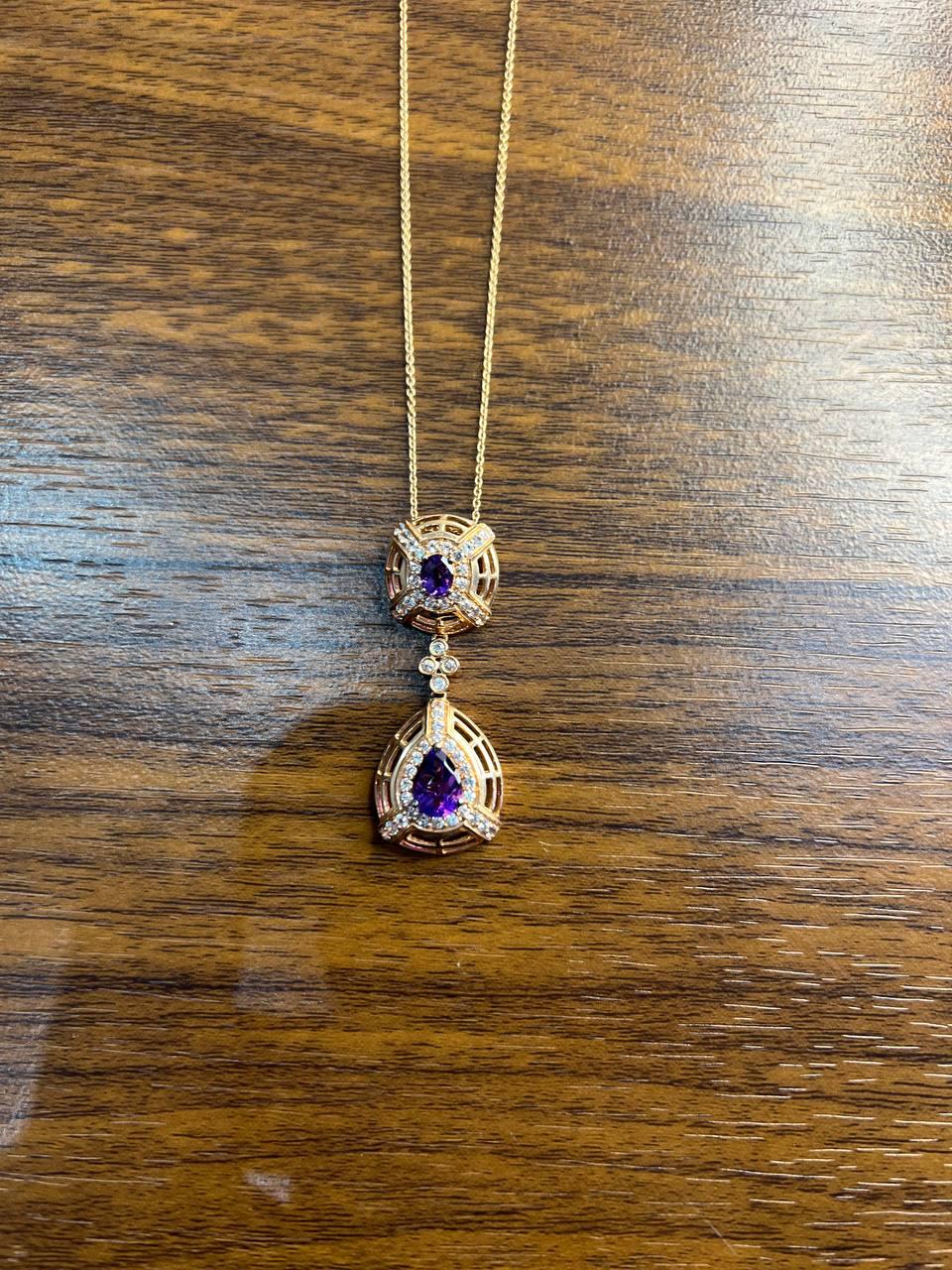 Fancy Violet Amethyst Diamond Halo 14K Rose Gold Fancy Drop Pendant Necklace
