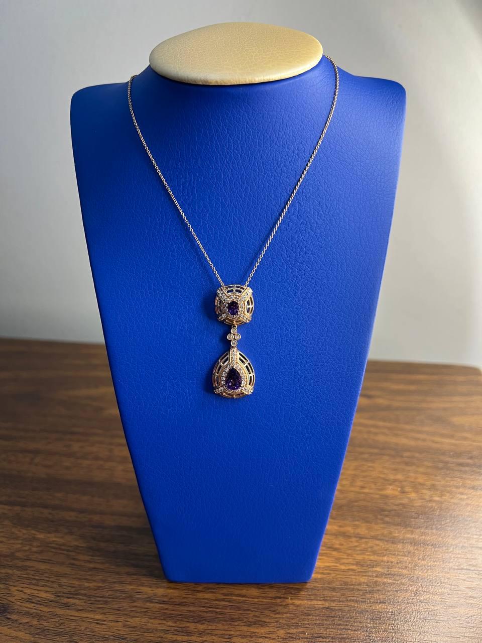 Fancy Violet Amethyst Diamond Halo 14K Rose Gold Fancy Drop Pendant Necklace