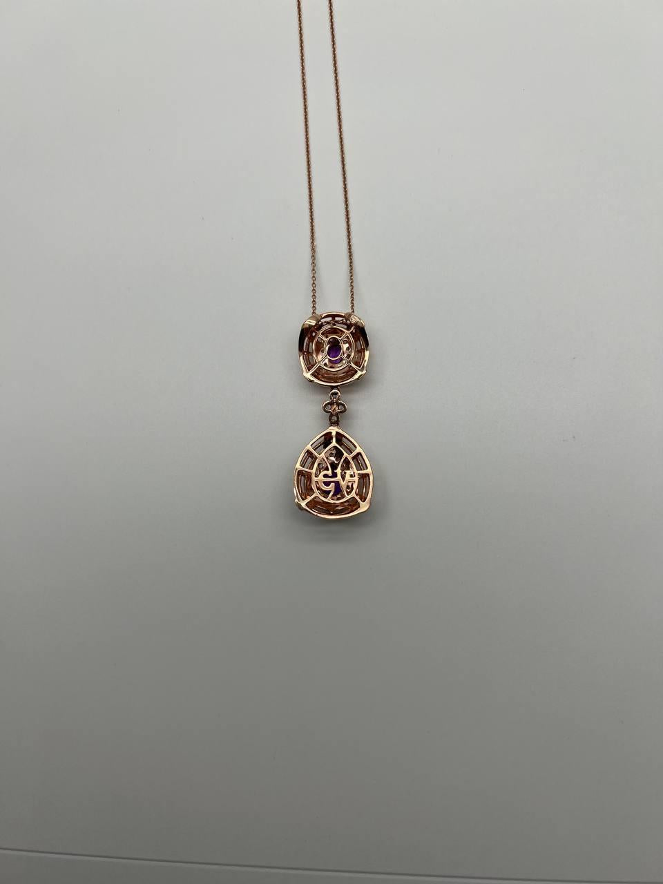 Fancy Violet Amethyst Diamond Halo 14K Rose Gold Fancy Drop Pendant Necklace
