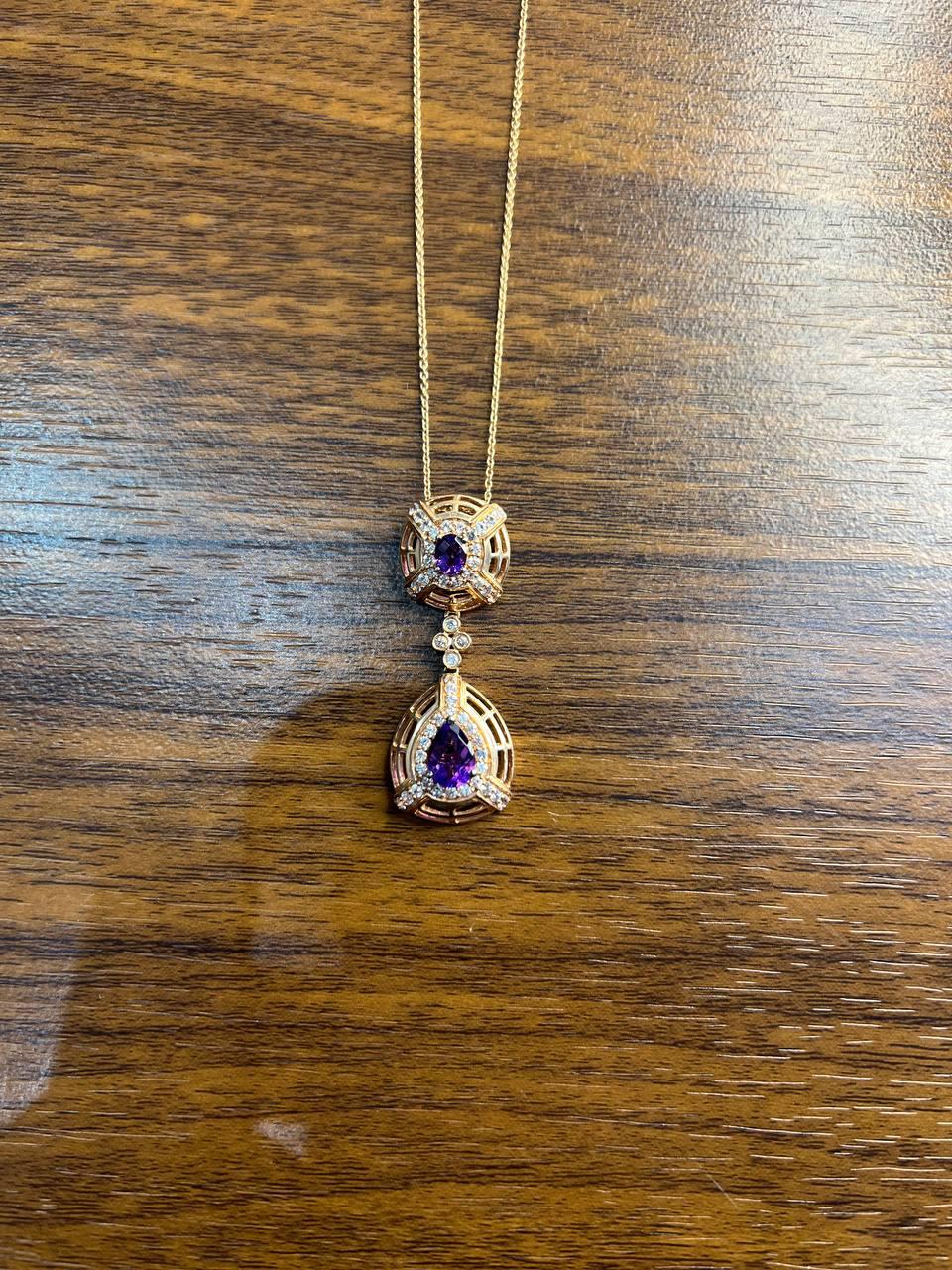 Fancy Violet Amethyst Diamond Halo 14K Rose Gold Fancy Drop Pendant Necklace