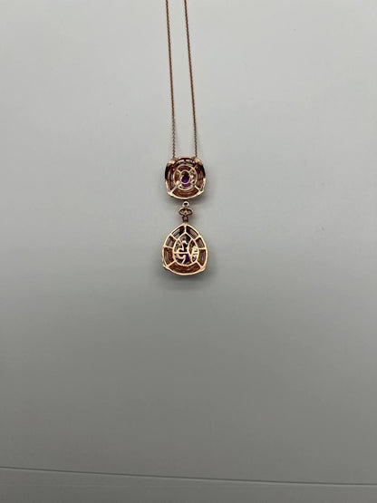 Fancy Violet Amethyst Diamond Halo 14K Rose Gold Fancy Drop Pendant Necklace