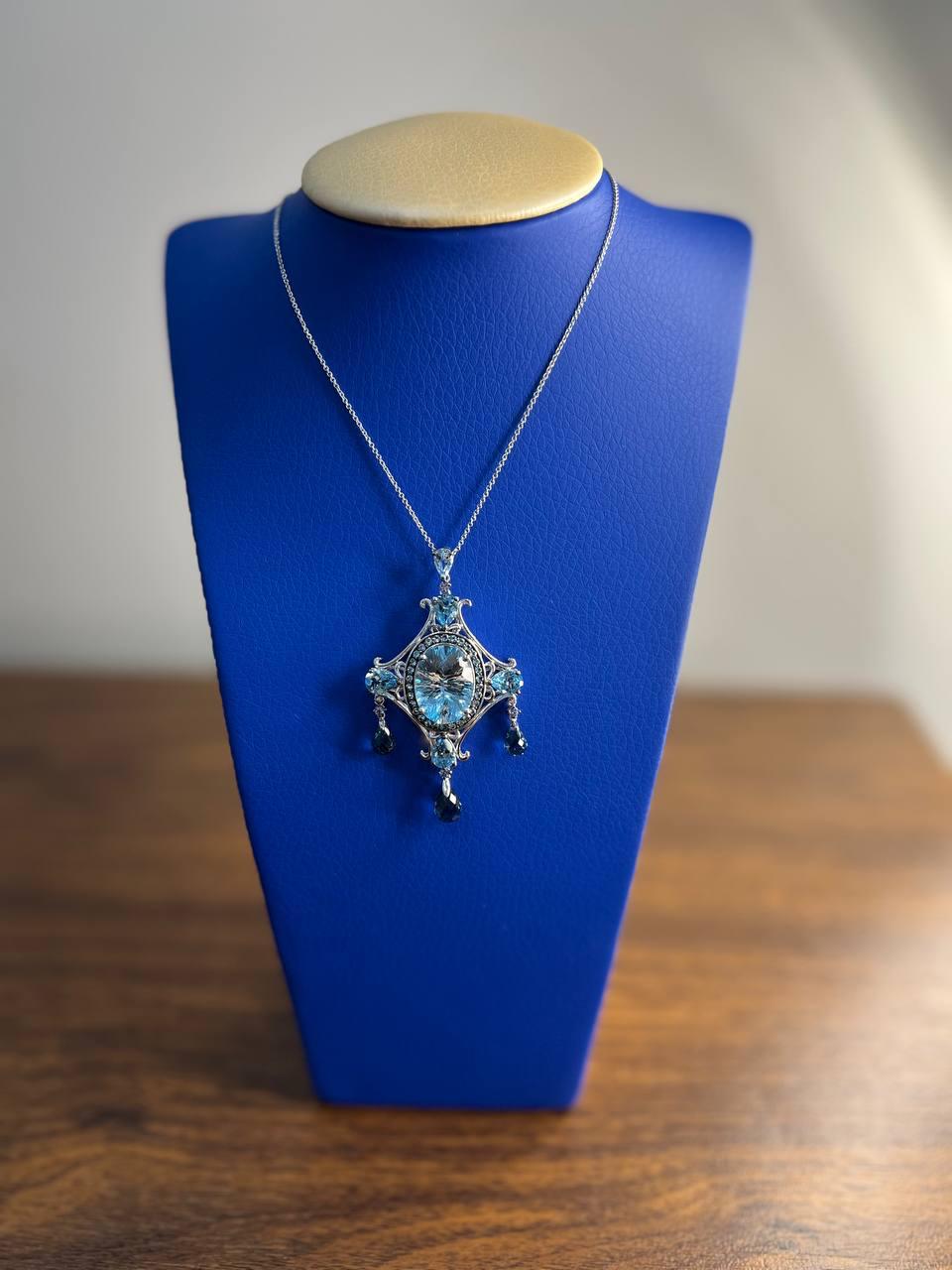 Fancy Blue Topaz White Diamond Halo 14K White Gold Chandelier Pendant Necklace