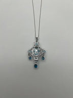 Fancy Blue Topaz White Diamond Halo 14K White Gold Chandelier Pendant Necklace