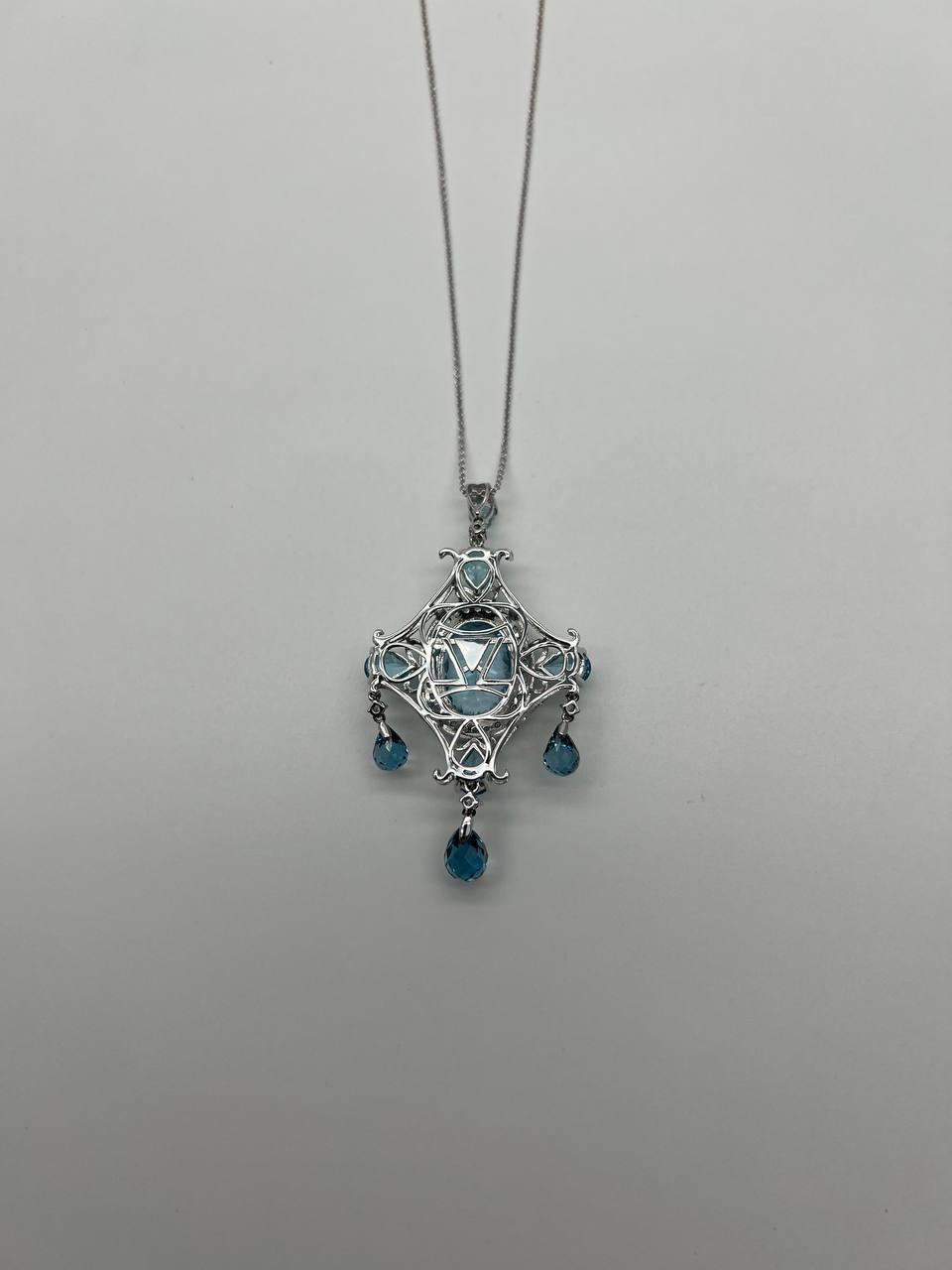 Fancy Blue Topaz White Diamond Halo 14K White Gold Chandelier Pendant Necklace