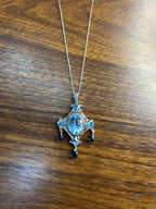 Fancy Blue Topaz White Diamond Halo 14K White Gold Chandelier Pendant Necklace