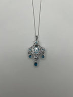Fancy Blue Topaz White Diamond Halo 14K White Gold Chandelier Pendant Necklace