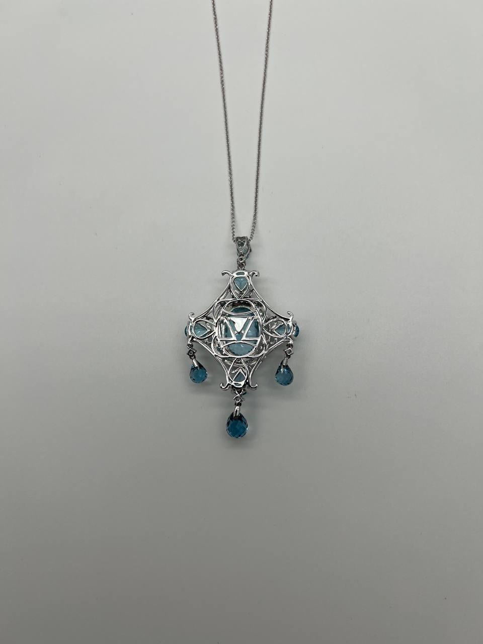 Fancy Blue Topaz White Diamond Halo 14K White Gold Chandelier Pendant Necklace