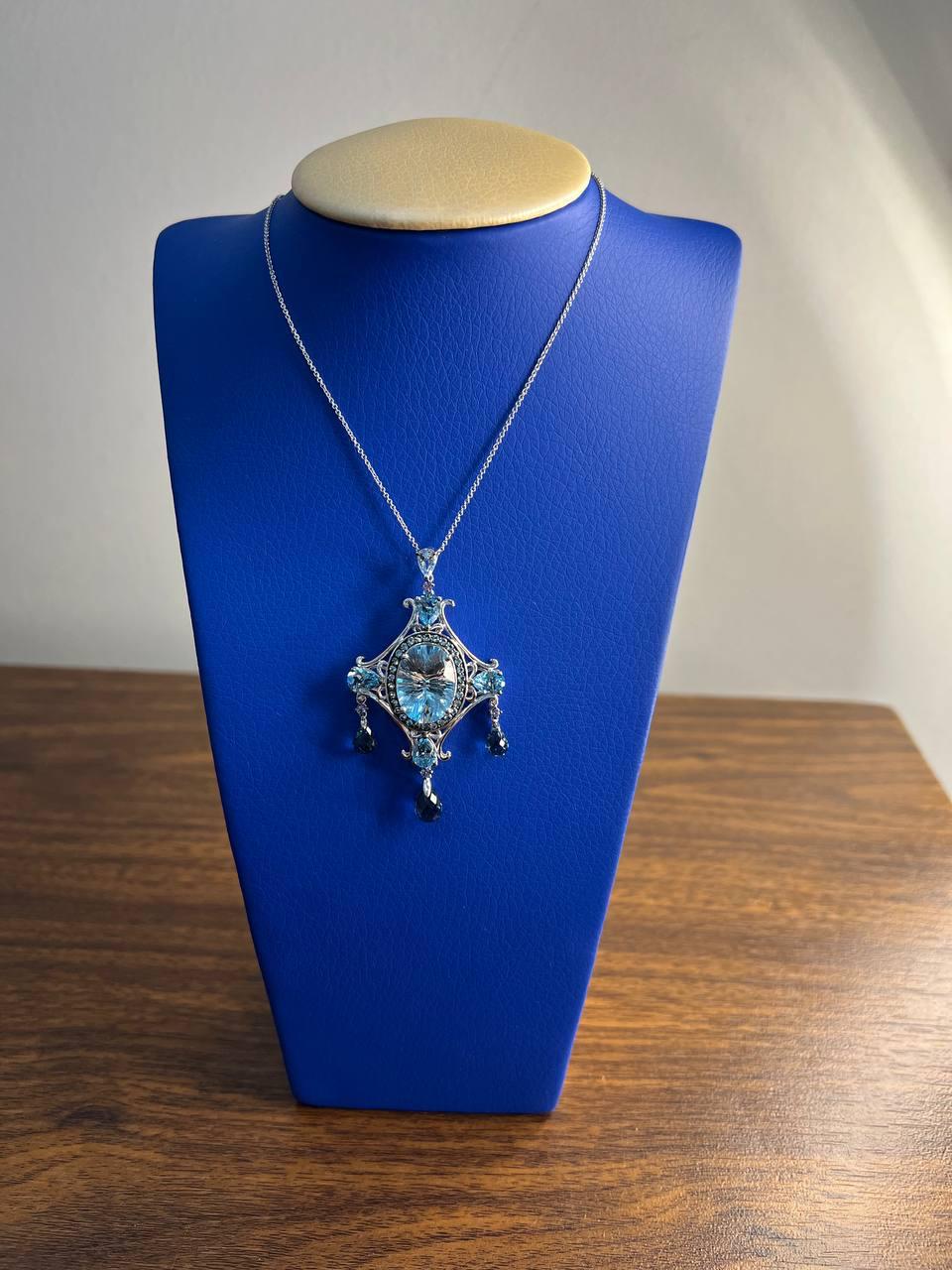 Fancy Blue Topaz White Diamond Halo 14K White Gold Chandelier Pendant Necklace
