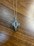 Fancy Blue Topaz White Diamond Halo 14K White Gold Chandelier Pendant Necklace