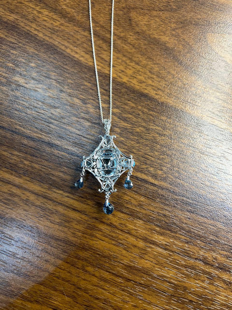 Fancy Blue Topaz White Diamond Halo 14K White Gold Chandelier Pendant Necklace
