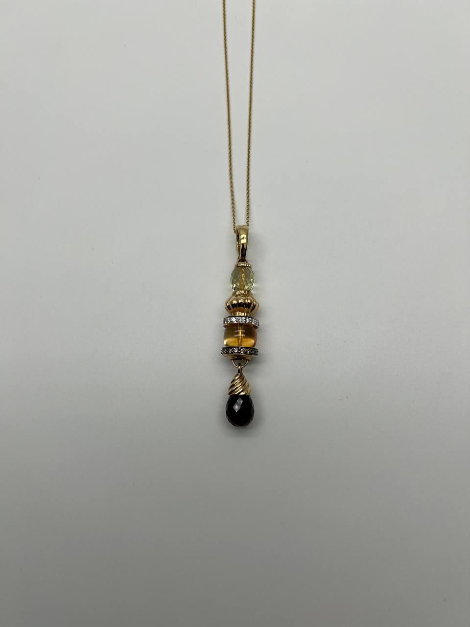 Smoky Brown Yellow Quartz Orange Citrine 14K Gold Diamonds Pendant Necklace