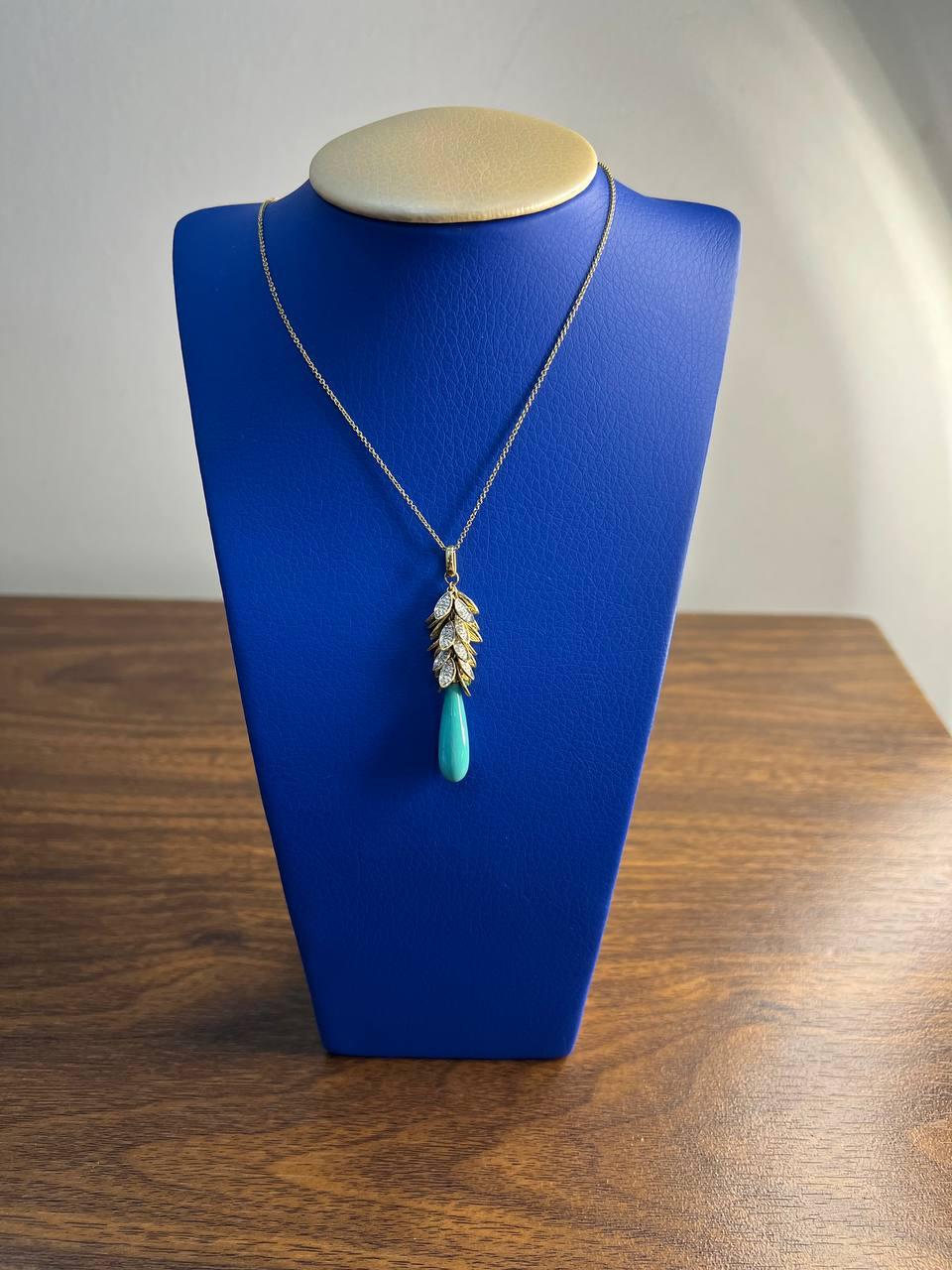 Teal Blue Turquoise Diamond Leaf Leaves Tree 14K Yellow Gold Pendant Necklace