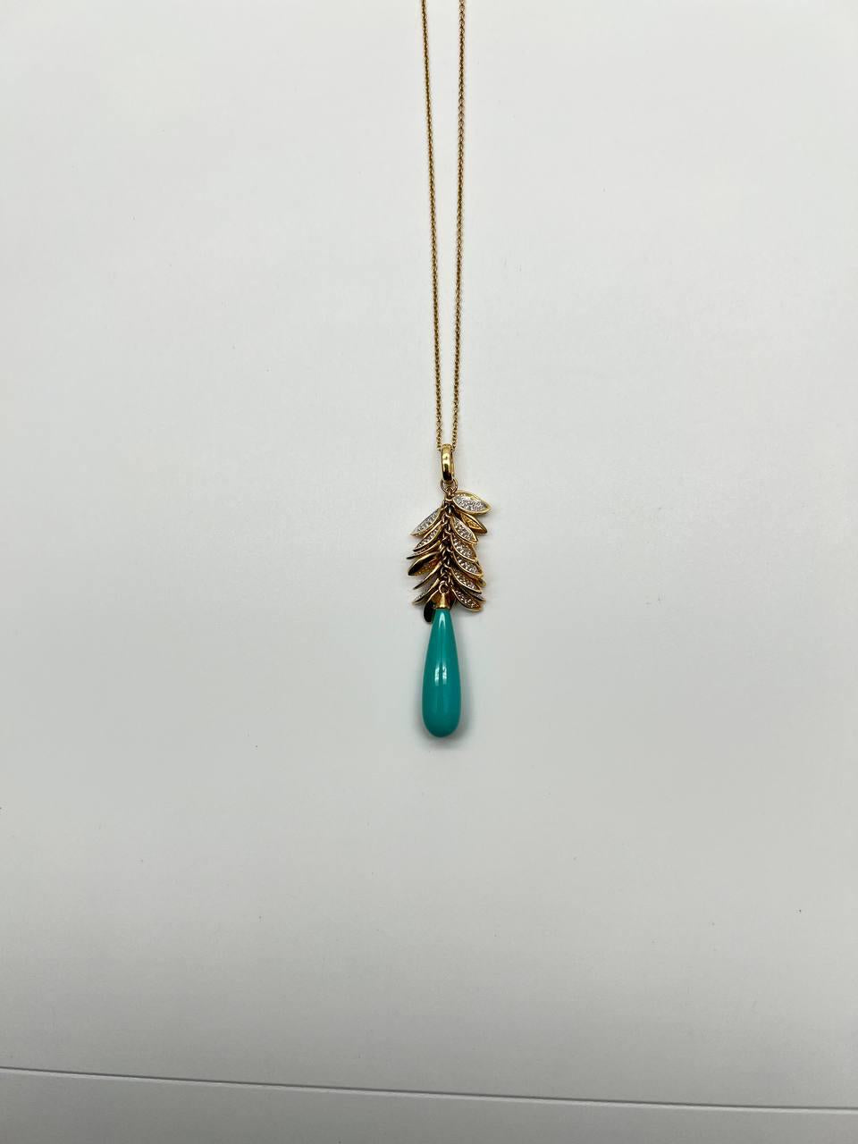 Teal Blue Turquoise Diamond Leaf Leaves Tree 14K Yellow Gold Pendant Necklace