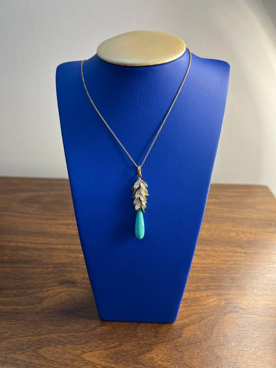 Teal Blue Turquoise Diamond Leaf Leaves Tree 14K Yellow Gold Pendant Necklace