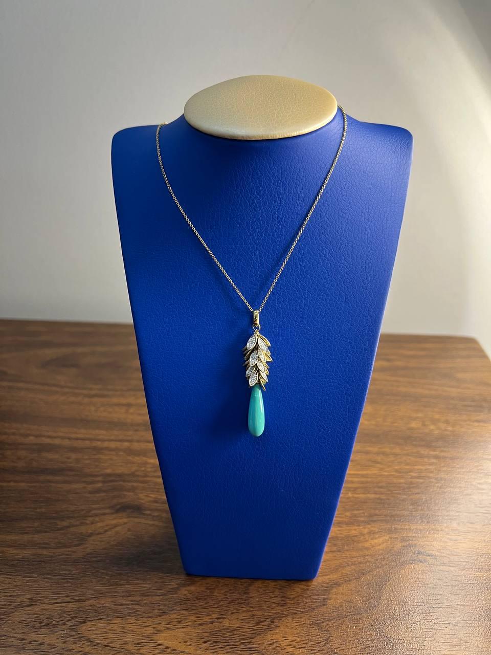 Teal Blue Turquoise Diamond Leaf Leaves Tree 14K Yellow Gold Pendant Necklace