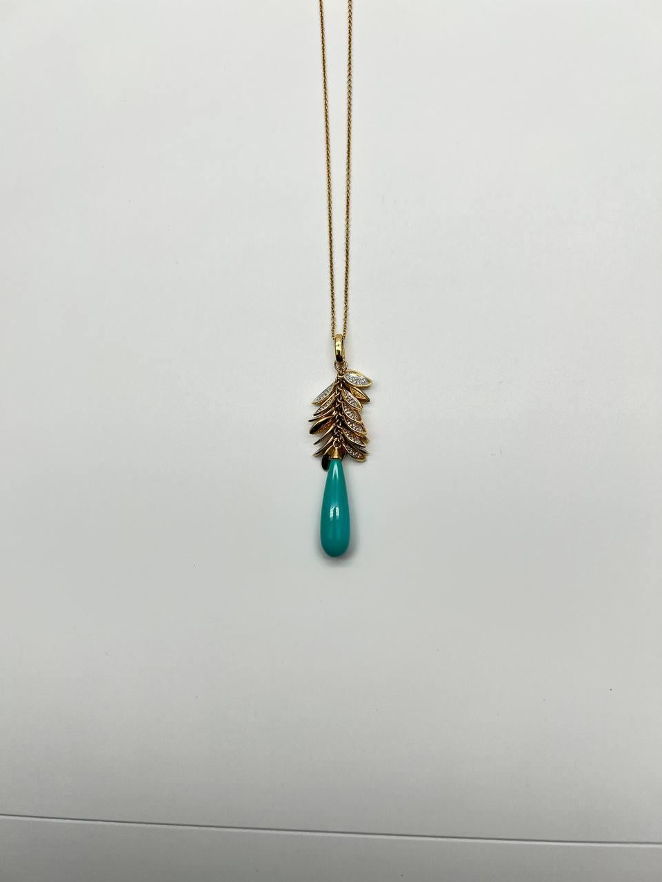 Teal Blue Turquoise Diamond Leaf Leaves Tree 14K Yellow Gold Pendant Necklace