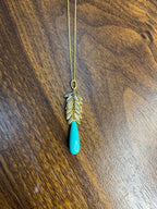 Teal Blue Turquoise Diamond Leaf Leaves Tree 14K Yellow Gold Pendant Necklace