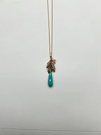 Teal Blue Turquoise Diamond Leaf Leaves Tree 14K Yellow Gold Pendant Necklace