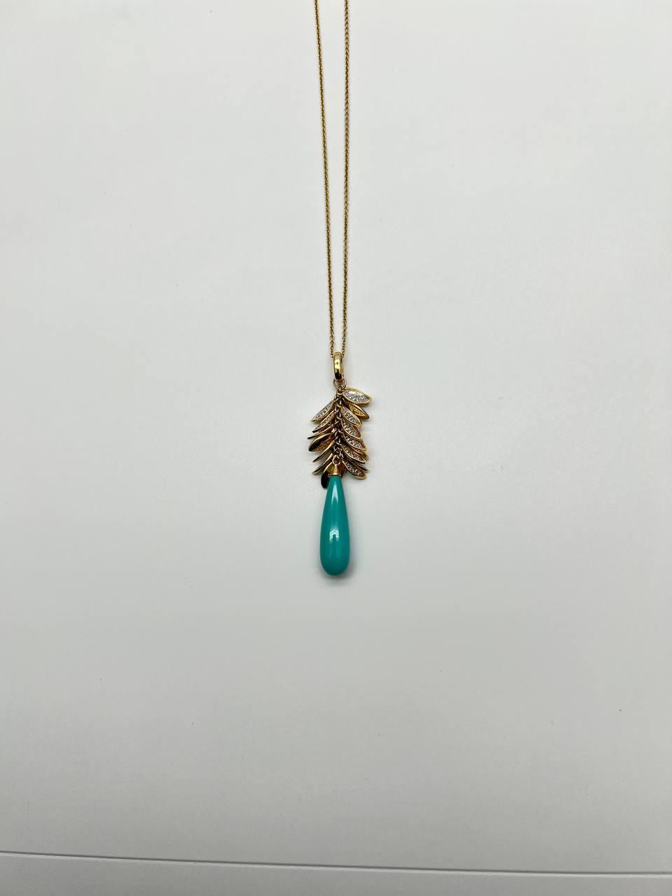 Teal Blue Turquoise Diamond Leaf Leaves Tree 14K Yellow Gold Pendant Necklace