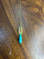 Teal Blue Turquoise Diamond Leaf Leaves Tree 14K Yellow Gold Pendant Necklace