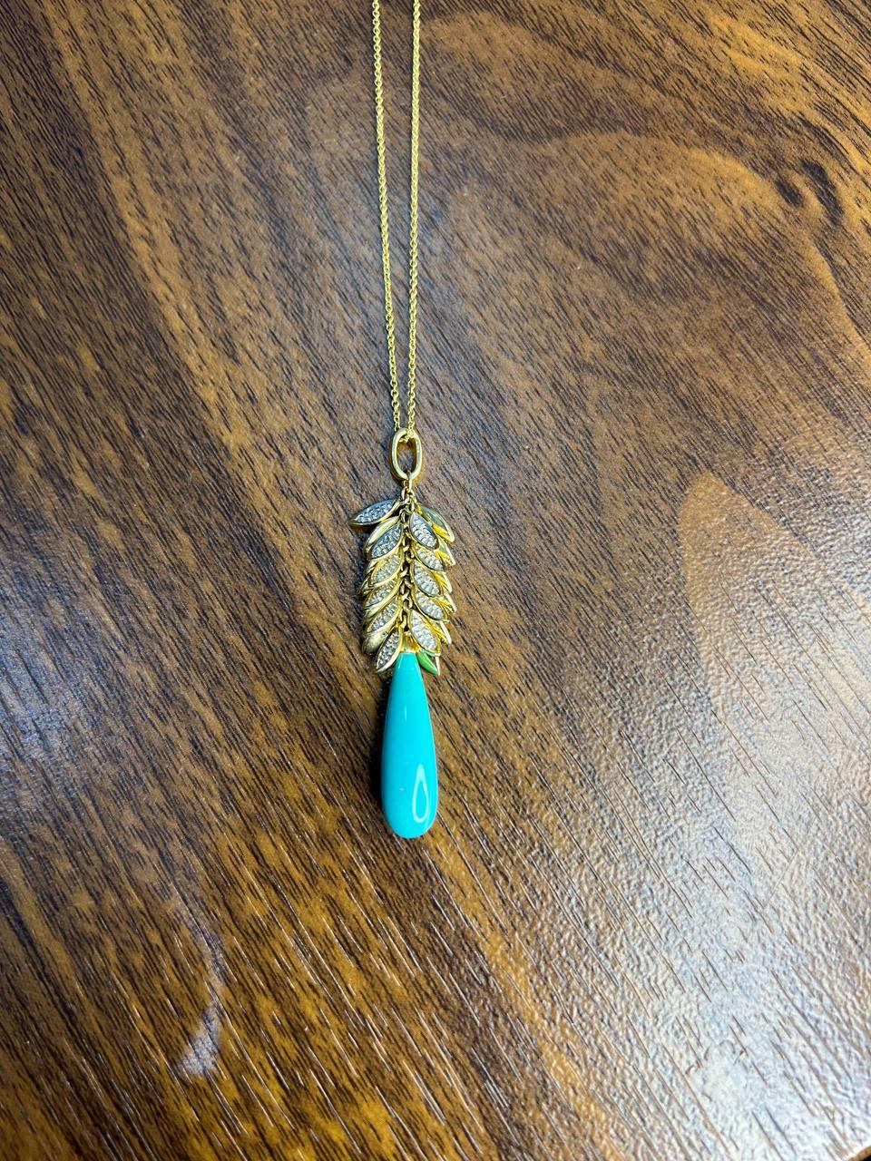 Teal Blue Turquoise Diamond Leaf Leaves Tree 14K Yellow Gold Pendant Necklace