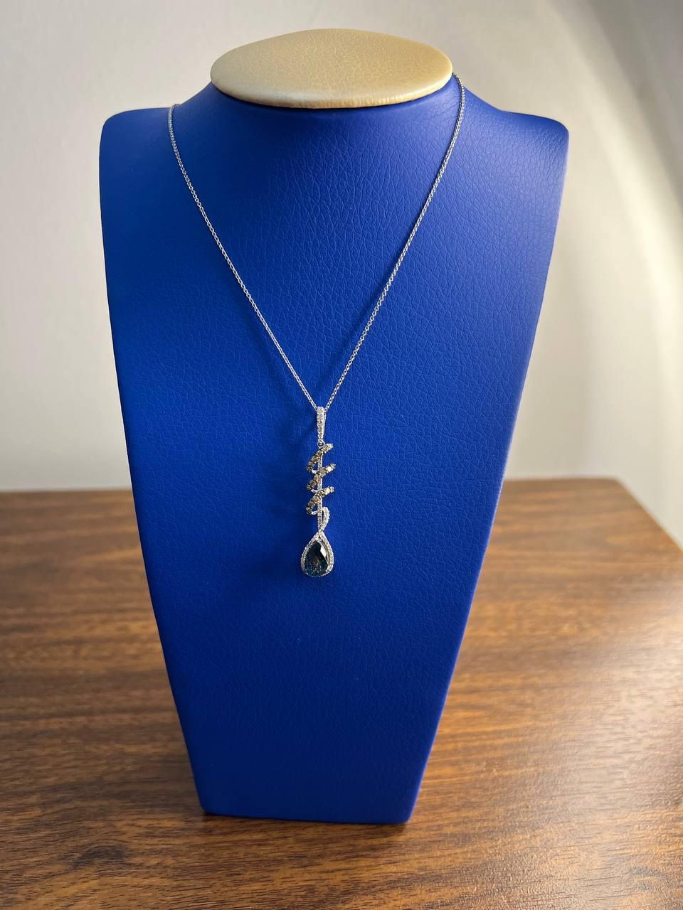 Small Blue Sapphire Pear Drop Diamond Halo Spiral White Gold Pendant Necklace