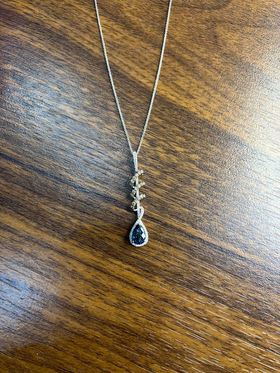 Small Blue Sapphire Pear Drop Diamond Halo Spiral White Gold Pendant Necklace